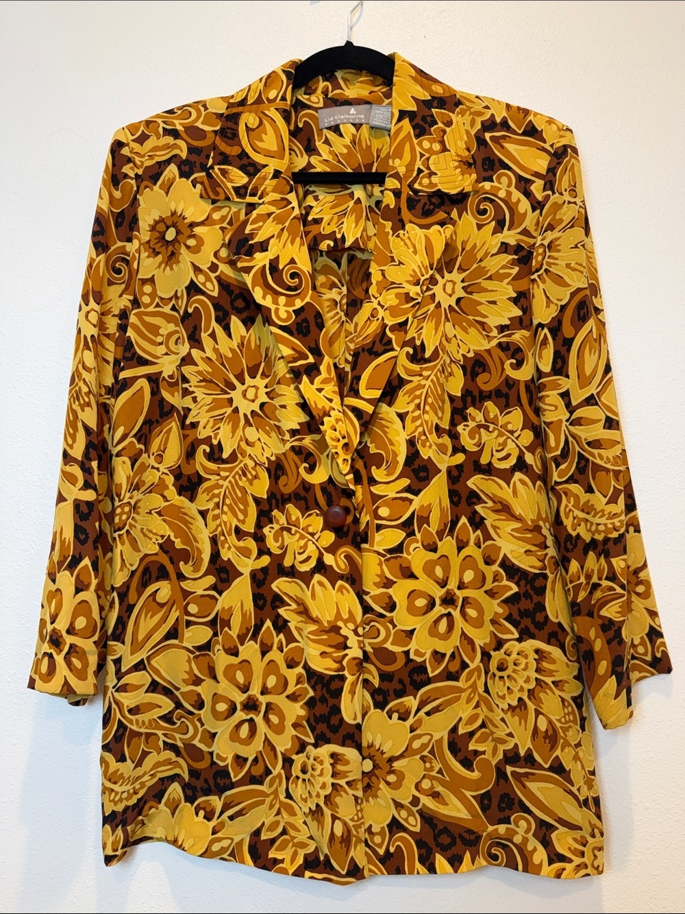 Vintage Liz Claiborne Brown Yellow Floral Button Front Women’s Blazer 100 Silk 8